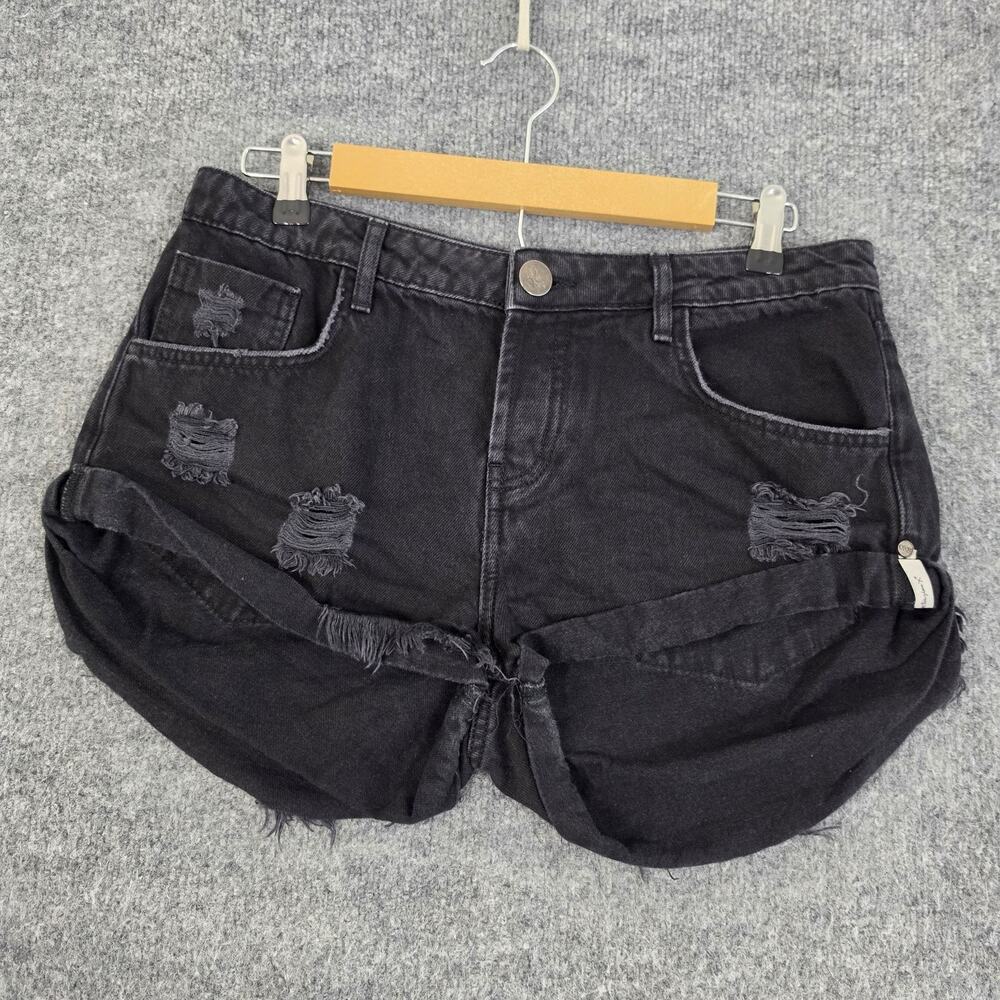 One Teaspoon Shorts 28 Bandits Denim Black Distressed Cut Off Hippie Relaxed Fit